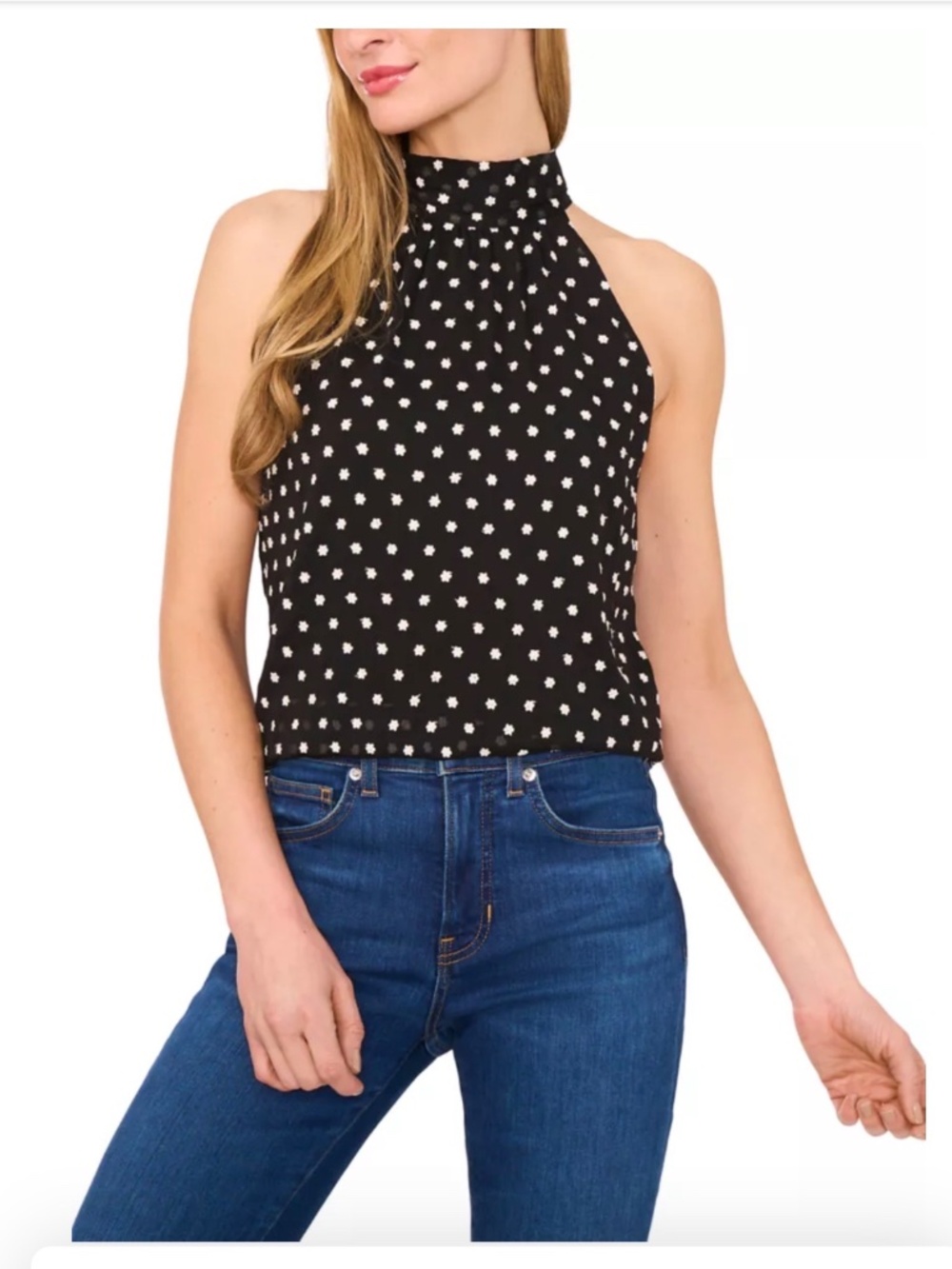 CeCe Black White Floral Halter Tie Neck Blouse Size S